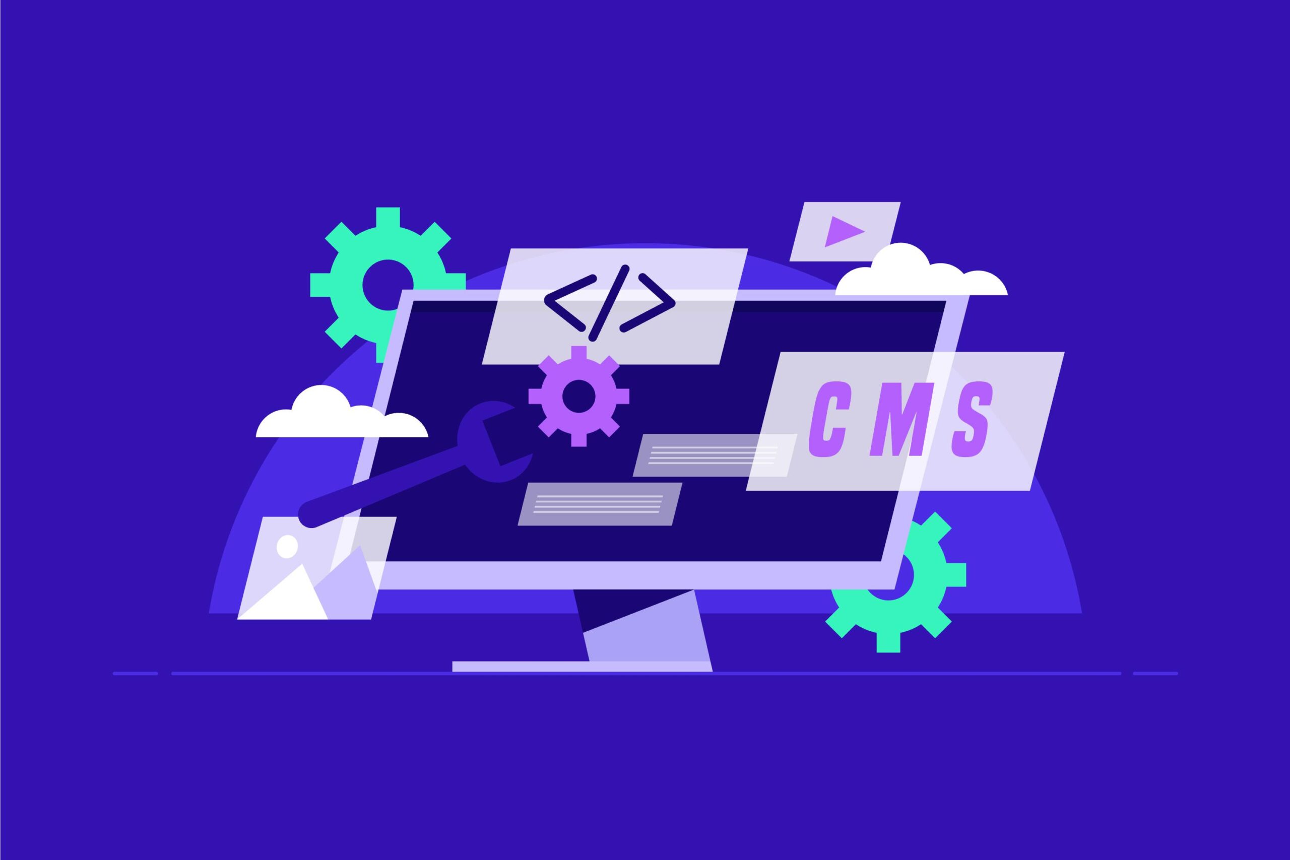 Monitor vector design with purple background and cms written through the screen
